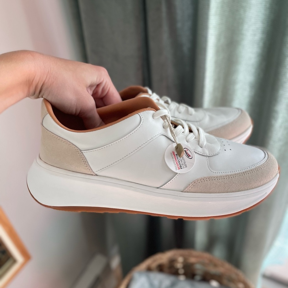 Fitflop F-MODE Leather/Suede Flatform Sneaker - White/Beige - Size 8.5